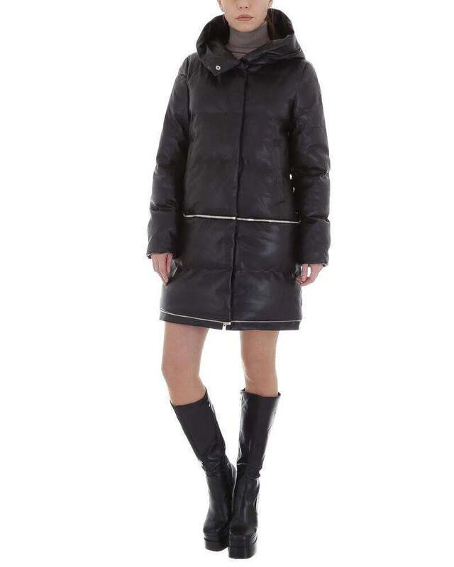 Leen Zwarte 3-in-1 Gewatteerde Lange Jas van Imitatie Leder - Capuchon