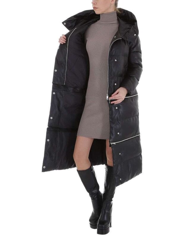 Leen Zwarte 3-in-1 Gewatteerde Lange Jas van Imitatie Leder - Capuchon