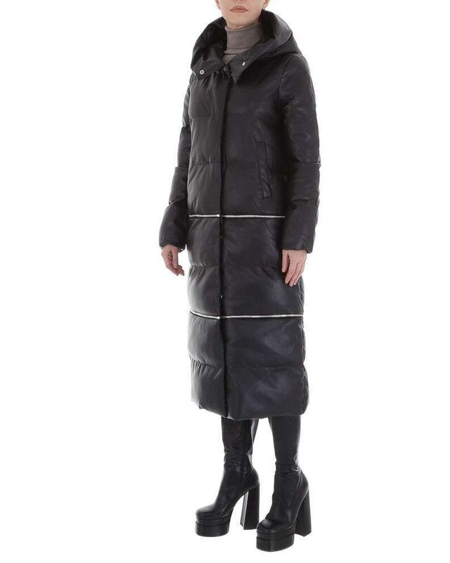 Leen Zwarte 3-in-1 Gewatteerde Lange Jas van Imitatie Leder - Capuchon