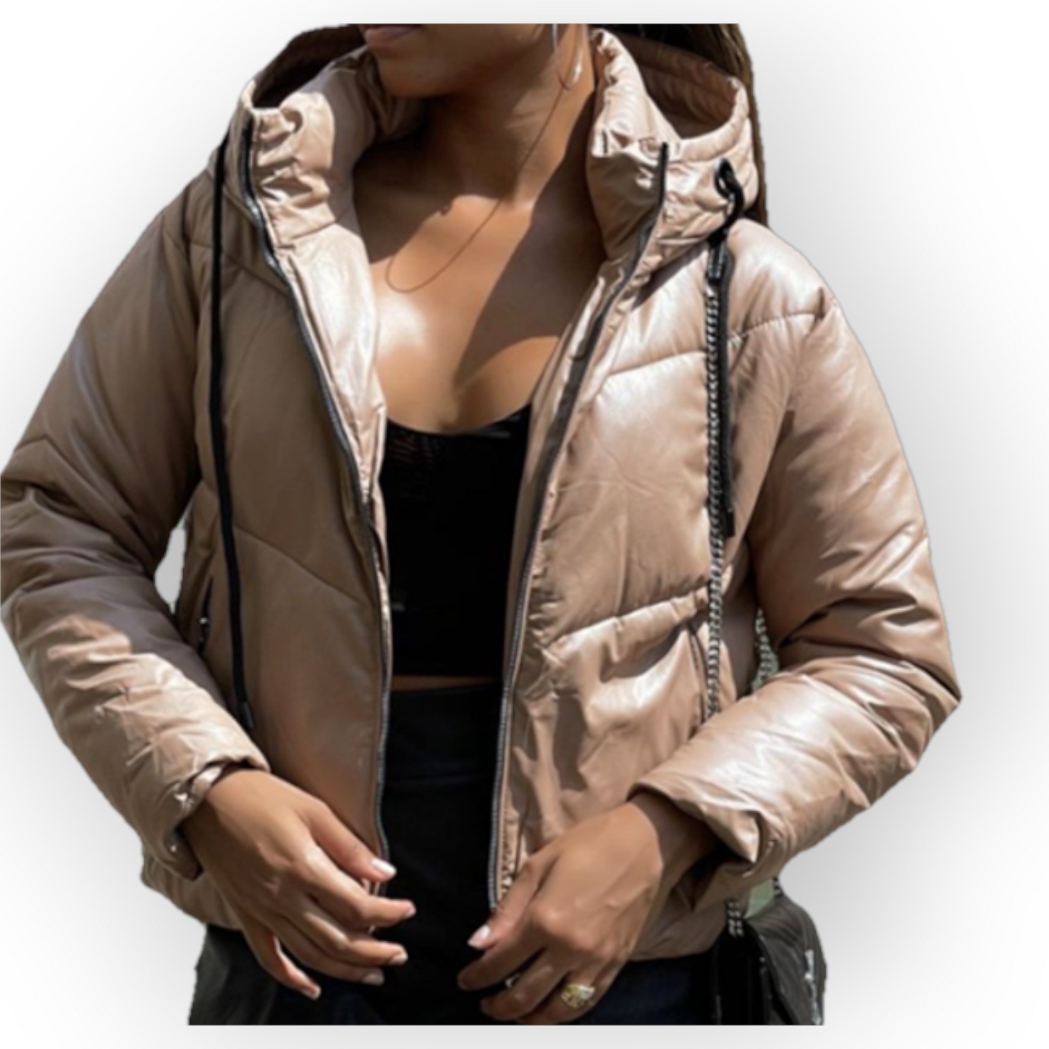 Calista – Dik Gewatteerd Faux Leren Jack -Capuchon