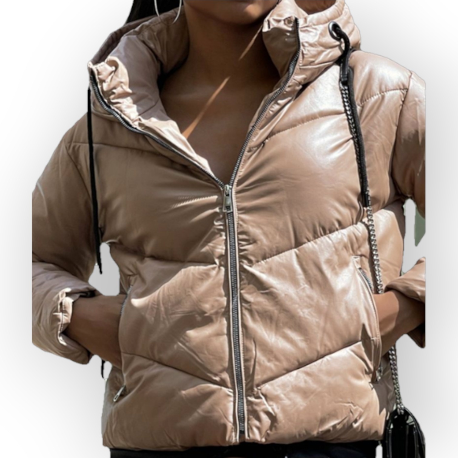 Calista – Dik Gewatteerd Faux Leren Jack -Capuchon