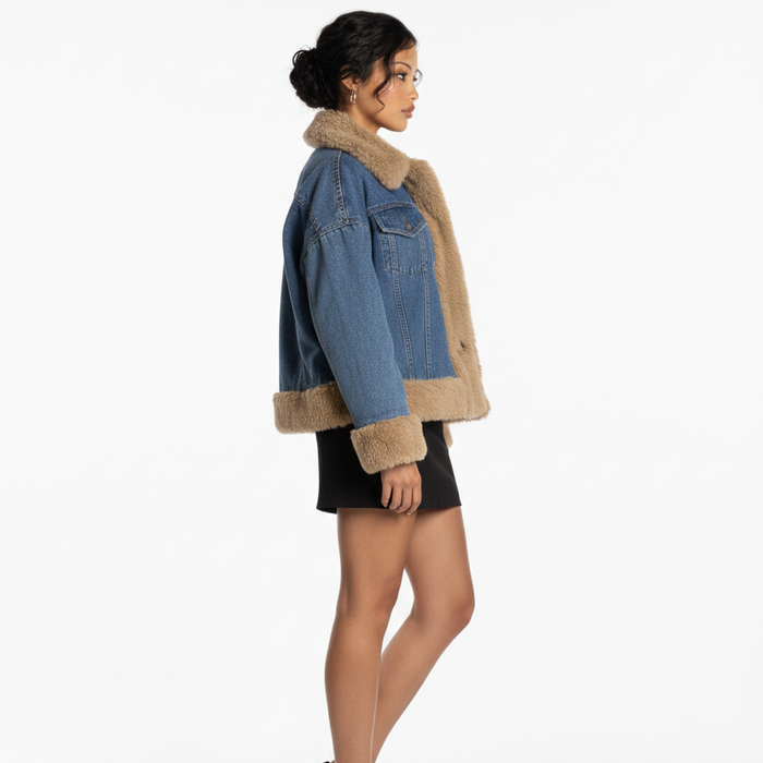 Seléna – Jeansjack Met Camel Imitatiebontvoering