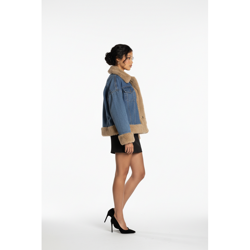 Seléna – Jeansjack Met Camel Imitatiebontvoering