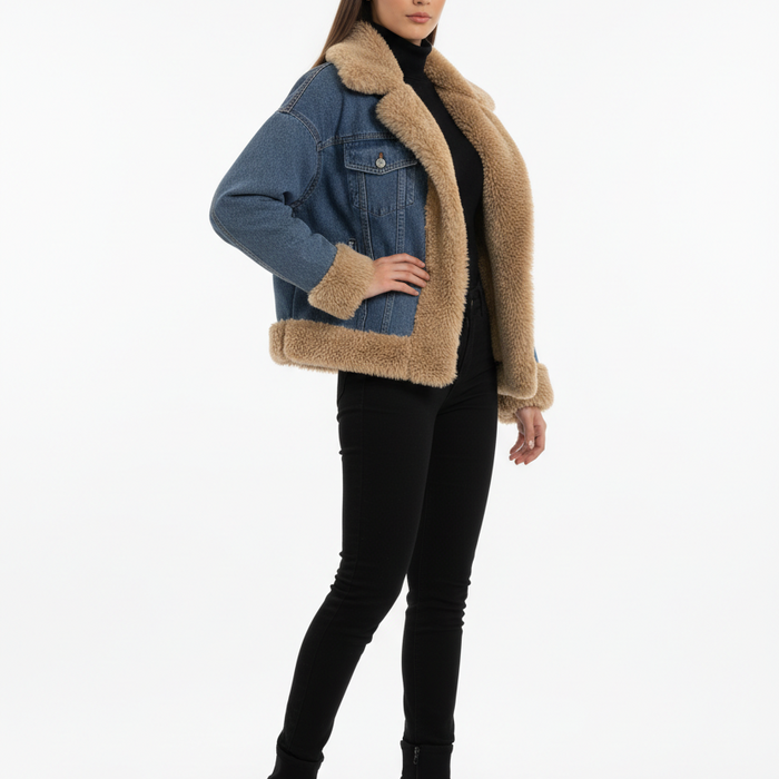 Seléna – Jeansjack Met Camel Imitatiebontvoering