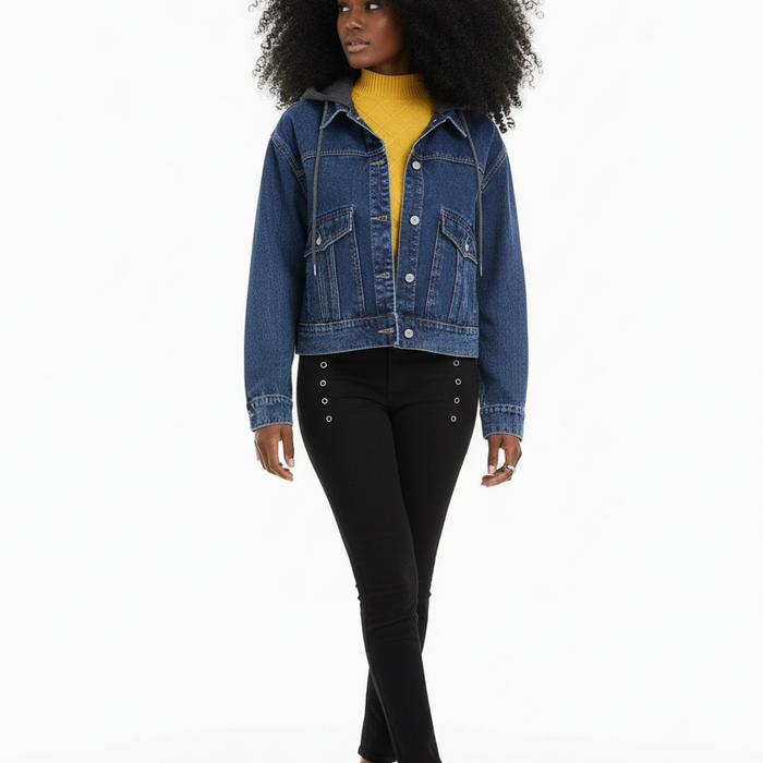Kailey – Denim Jack Met Afneembare Grijze Capuchon