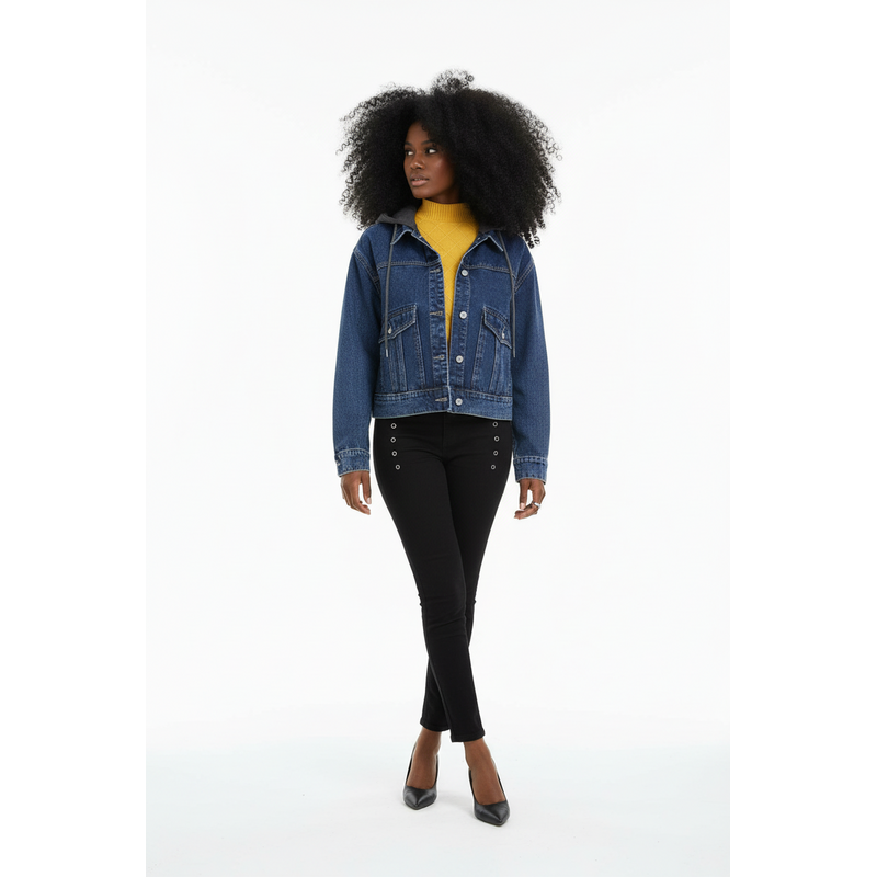 Kailey – Denim Jack Met Afneembare Grijze Capuchon