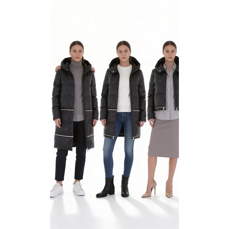 Leen Zwarte 3-in-1 Gewatteerde Lange Jas van Imitatie Leder - Capuchon