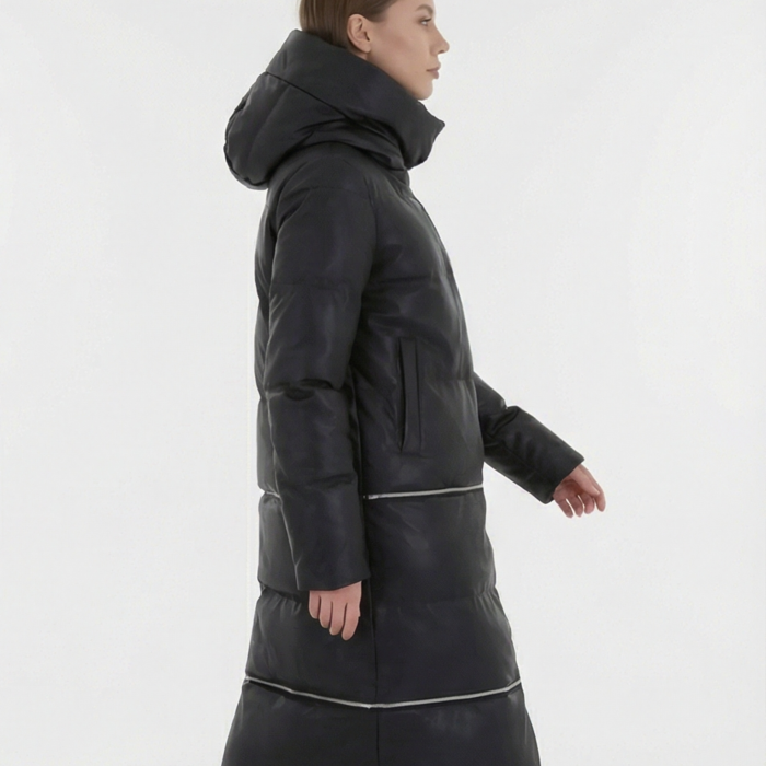 Leen Zwarte 3-in-1 Gewatteerde Lange Jas van Imitatie Leder - Capuchon