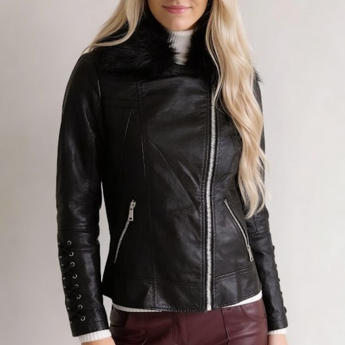 Nyvora – Imitatieleren Bikerjack Met Faux Fur Kraag