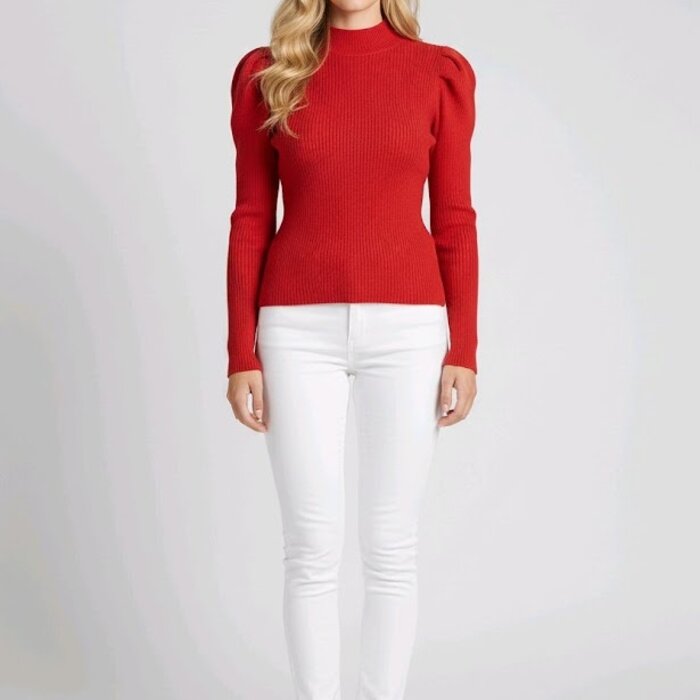Velina – Rode Rib Trui Met Trendy Pofmouwen