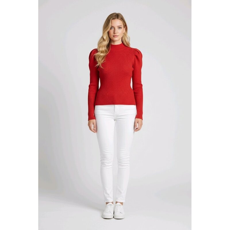Velina – Rode Rib Trui Met Trendy Pofmouwen