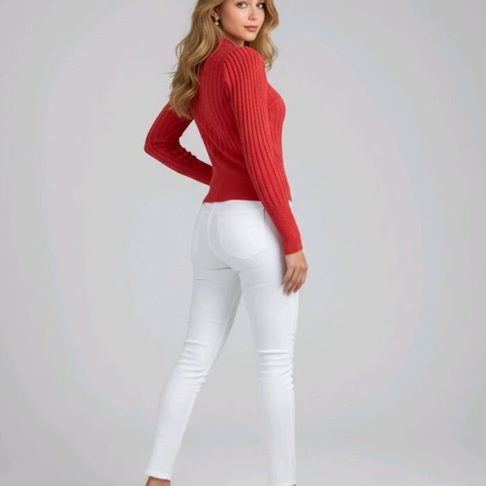 Velina – Rode Rib Trui Met Trendy Pofmouwen