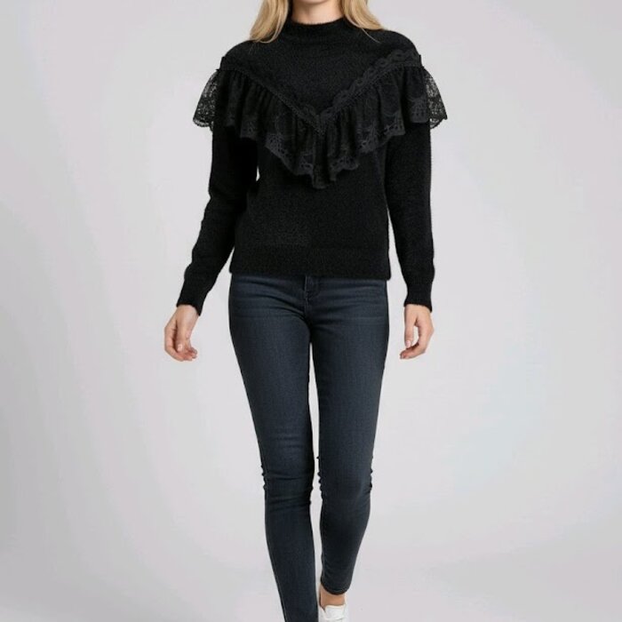 Seralyn – Elegante Trui Met V-Volant, Kant en Satijndetails