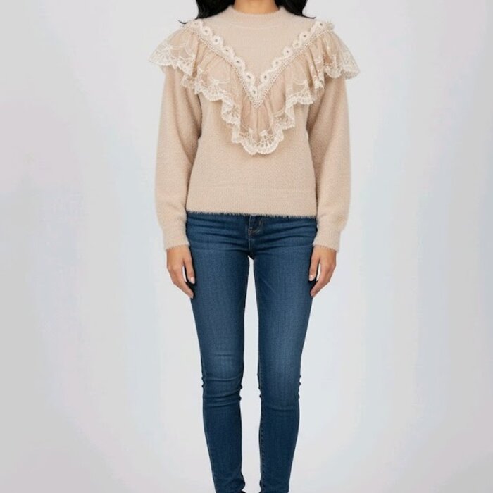 Seralyn – Elegante Trui Met V-Volant, Kant en Satijndetails