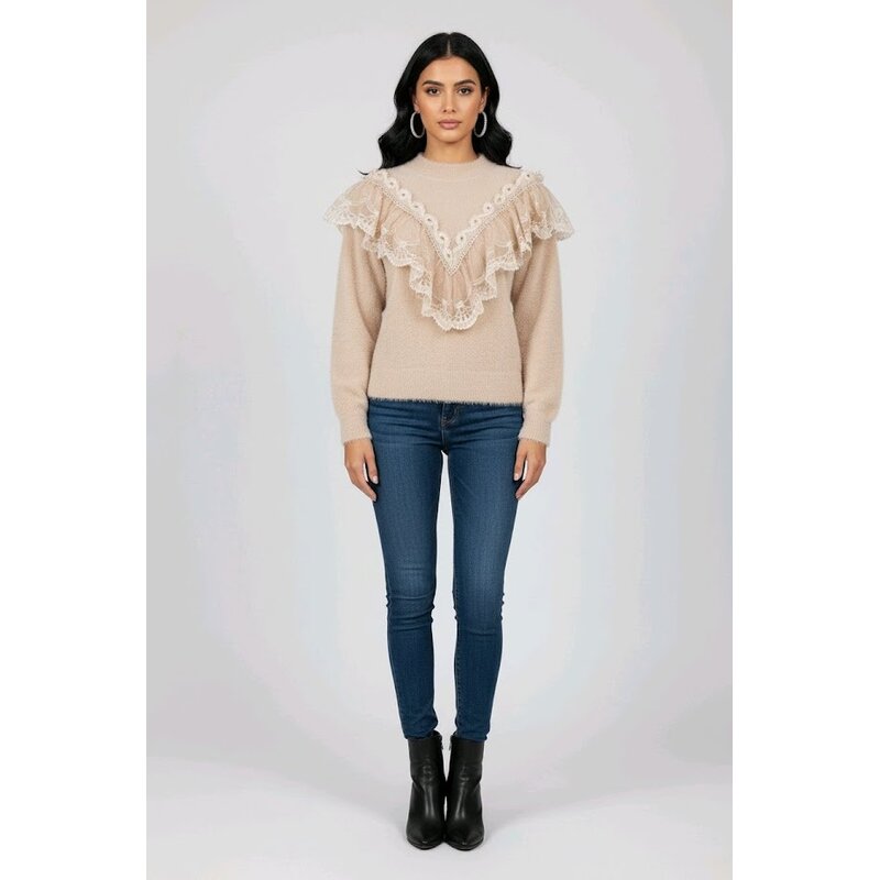 Seralyn – Elegante Trui Met V-Volant, Kant en Satijndetails