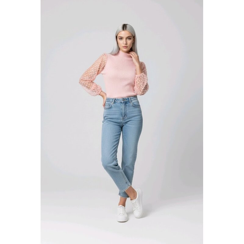 Elvéra – Geribbelde Top Met Tule Mouwen en Hoge Hals