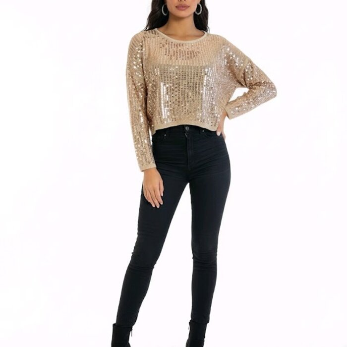 Palvéra – Crop Trui Met Pailletten Voorzijde en Feestelijke Look