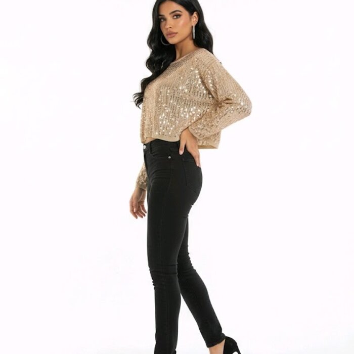 Palvéra – Crop Trui Met Pailletten Voorzijde en Feestelijke Look