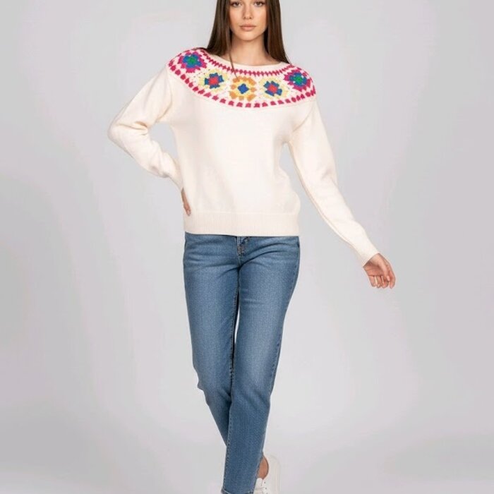 Lioren – Ecru Trui gehaakte retro  Bloemen