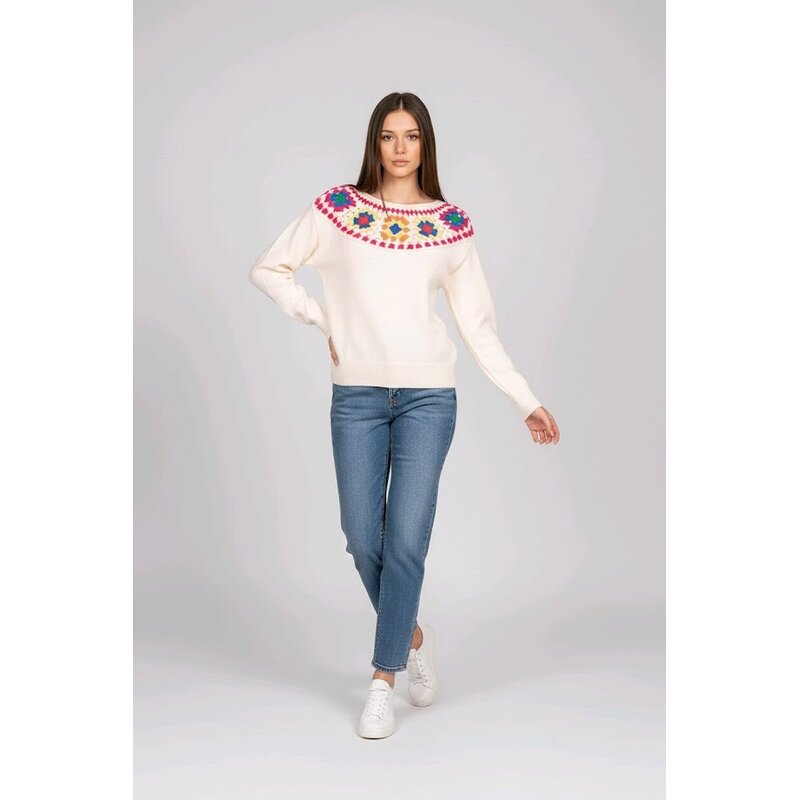 Lioren – Ecru Trui gehaakte retro  Bloemen