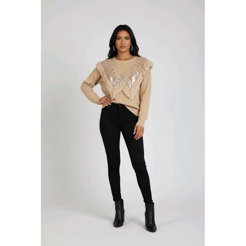 Ravelle – Trui Met Imitatiebont In W-Patroon En Pailletten