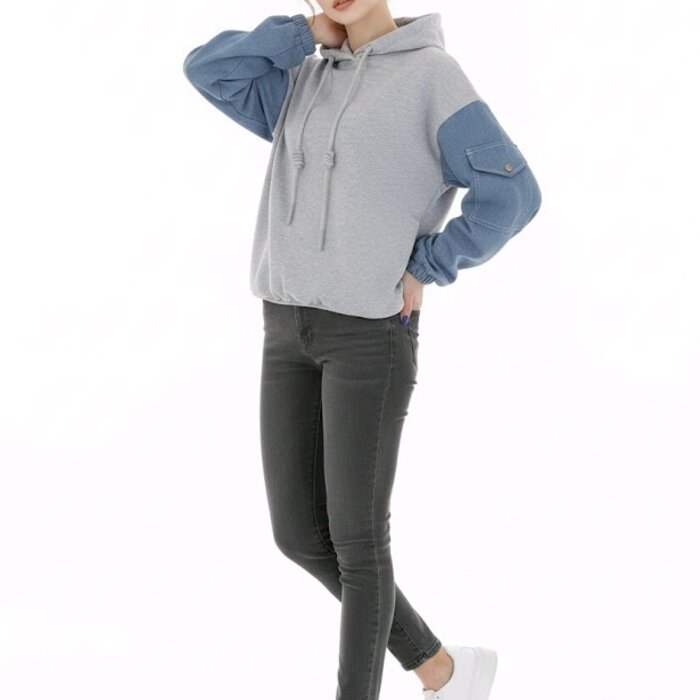 Zanvora – Sweater Met Denim Mouwen En Capuchon