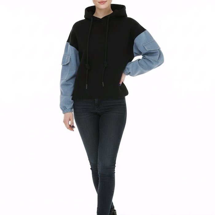 Zanvora – Sweater Met Denim Mouwen En Capuchon