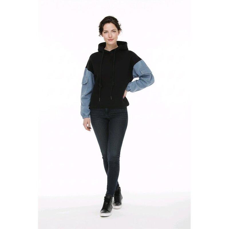 Zanvora – Sweater Met Denim Mouwen En Capuchon