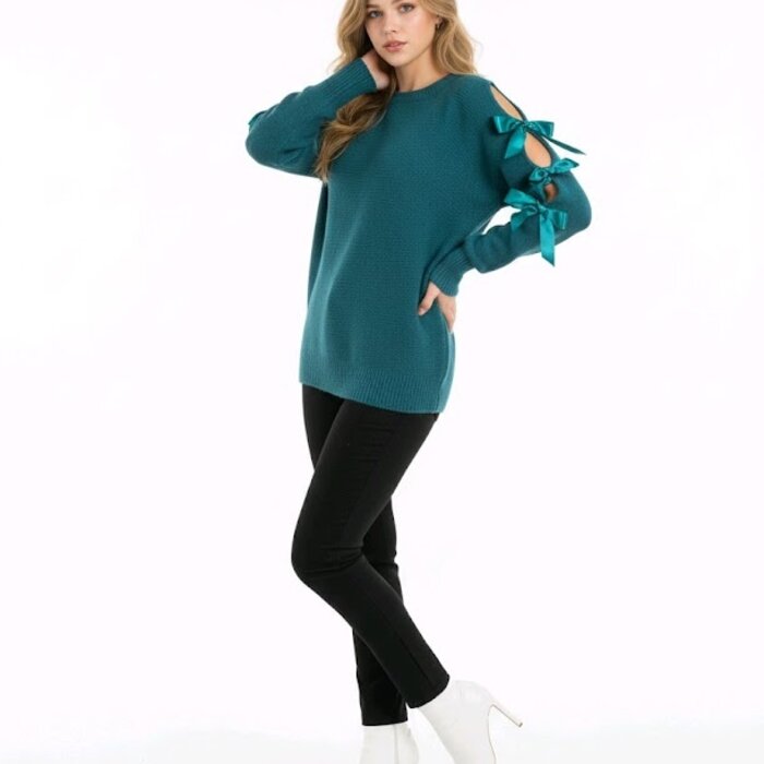 Veloria – Petrol Trui Met Opengewerkte Mouwen En Satijnen Strikken