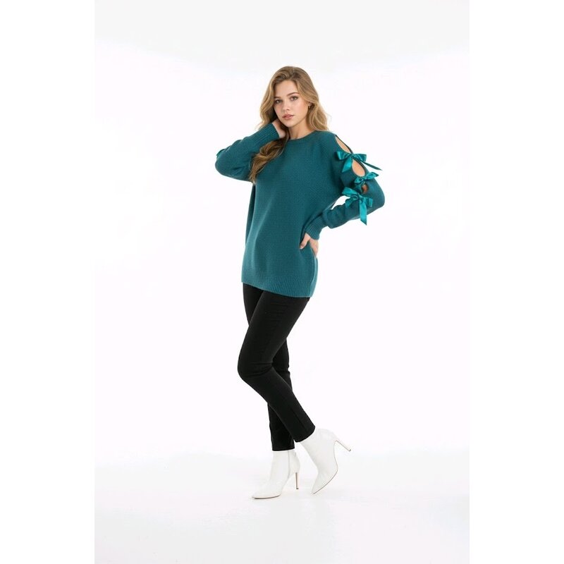 Veloria – Petrol Trui Met Opengewerkte Mouwen En Satijnen Strikken