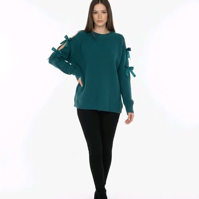 Veloria – Petrol Trui Met Opengewerkte Mouwen En Satijnen Strikken