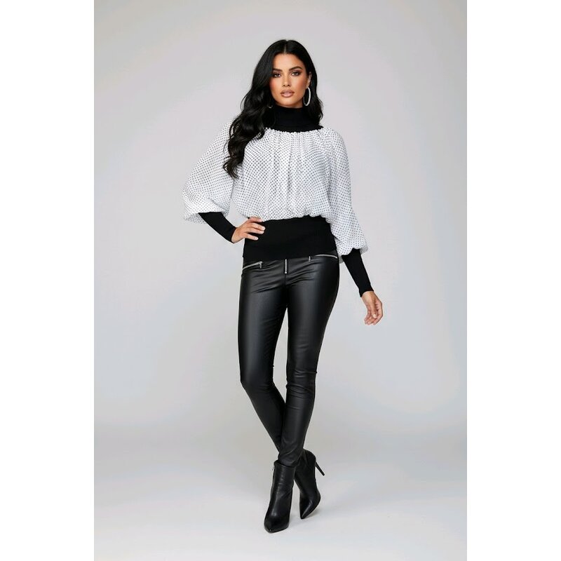 Dalina – Zwart-Witte Blouse Sweater Met Pofmouwen