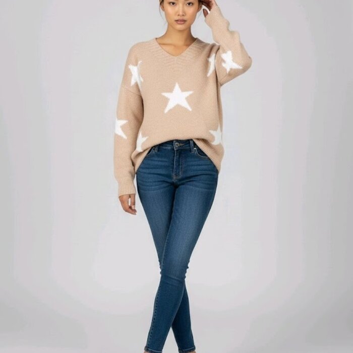 Elin – Licht Beige Trui Met Witte Sterren
