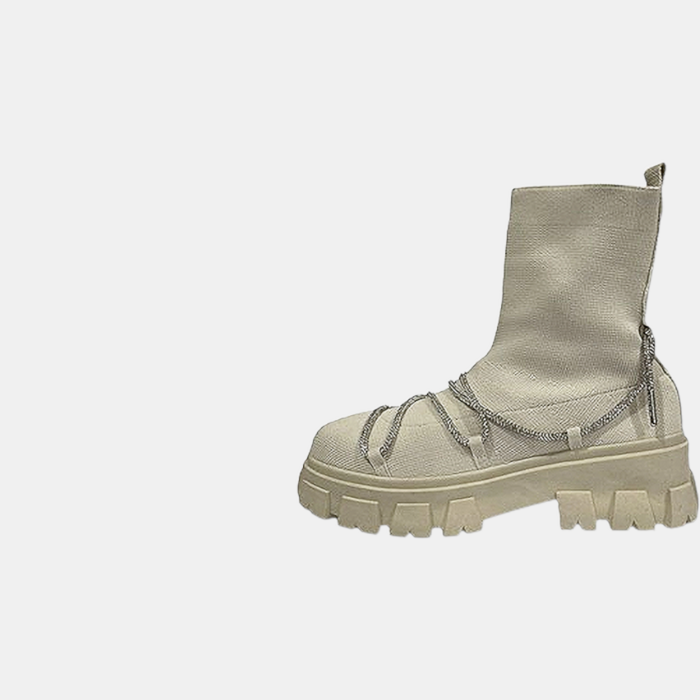 Zara – Beige Sok Enkellaarzen Met Strass Veter