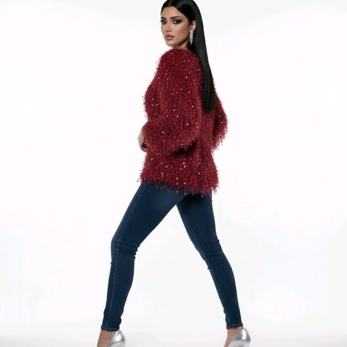 Ruby – Lang Rood Vest Met Franjes En Pailletten