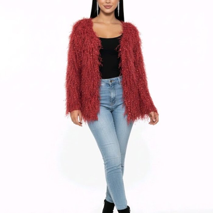 Ruby – Lang Rood Vest Met Franjes En Pailletten