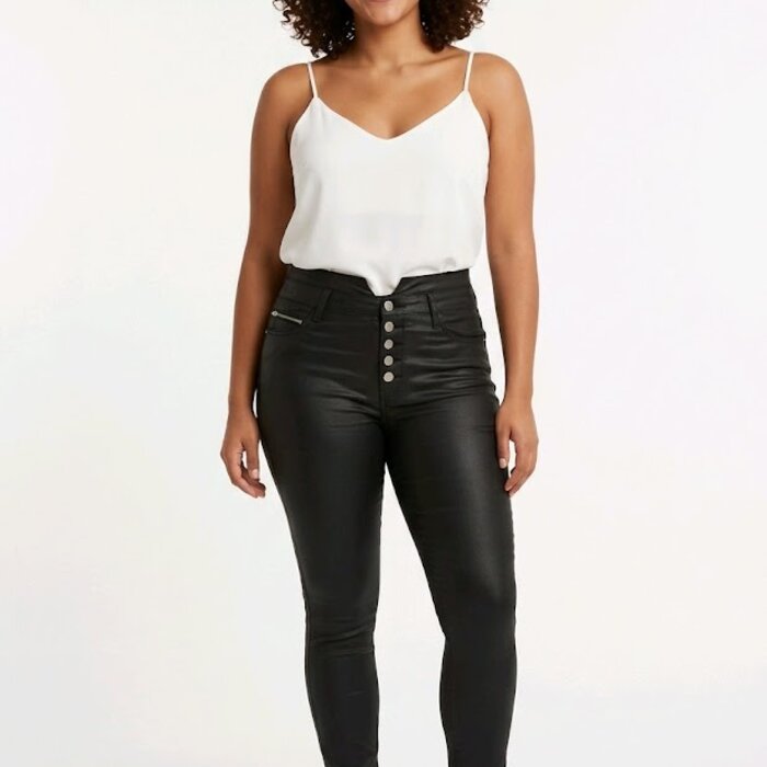 Nova – Zwarte Imitatie Leren Broek Met Knoopsluiting