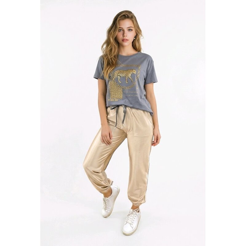 Liva – Beige Glanzende Joggingbroek