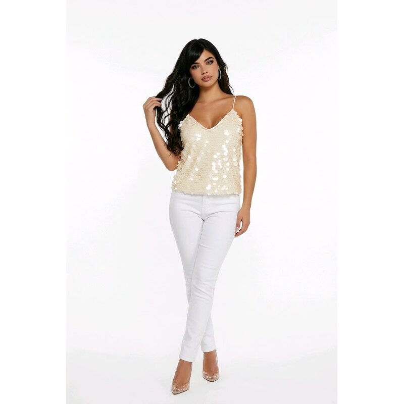 Luna – Licht Beige Pailletten Top Met V-Hals