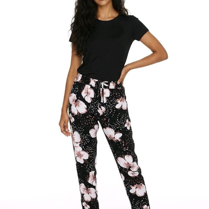 Flora – Zwart Roze Bloemen Broek Met Elastische Taille