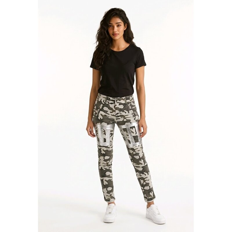 Camouflage Jeans Met Zilverpatroon - Lage Taille - Trendy Design