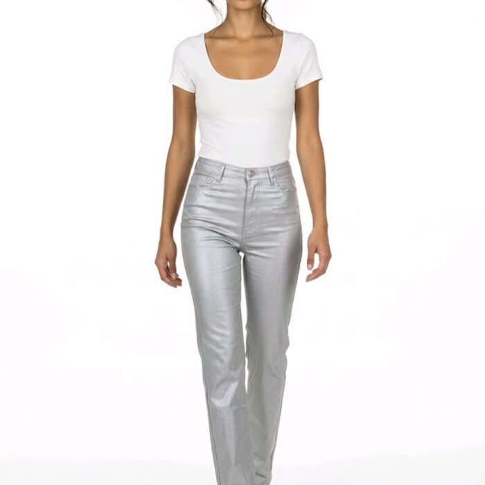 Zahara – Trendy Zilveren Imitatie Leren Broek Met Rechte Pasvorm