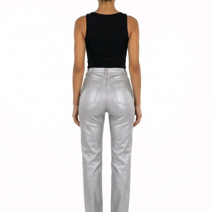 Zahara – Trendy Zilveren Imitatie Leren Broek Met Rechte Pasvorm