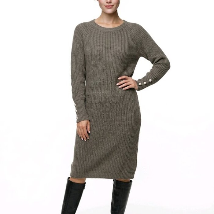 Elowen – Warme Grofgebreide Jurk Met Sierknopen Op De Mouwen