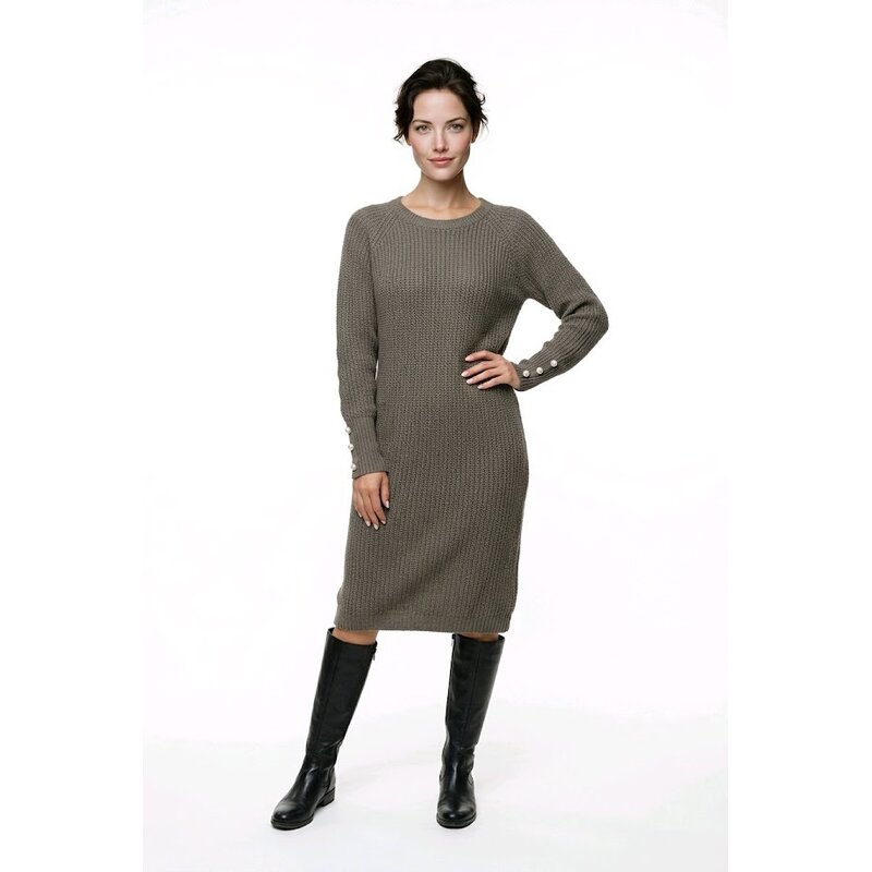 Elowen – Warme Grofgebreide Jurk Met Sierknopen Op De Mouwen