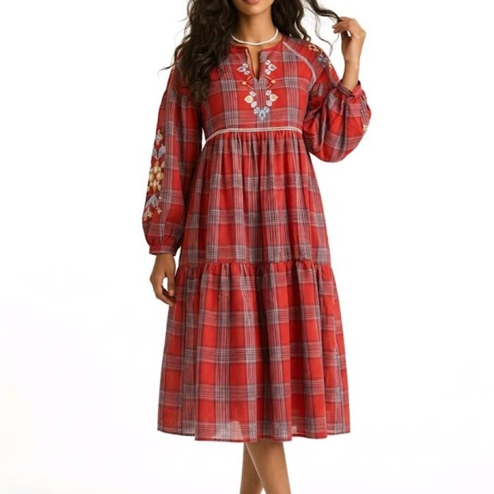 Lotta – Tartan Jurk - Bloemenborduursel