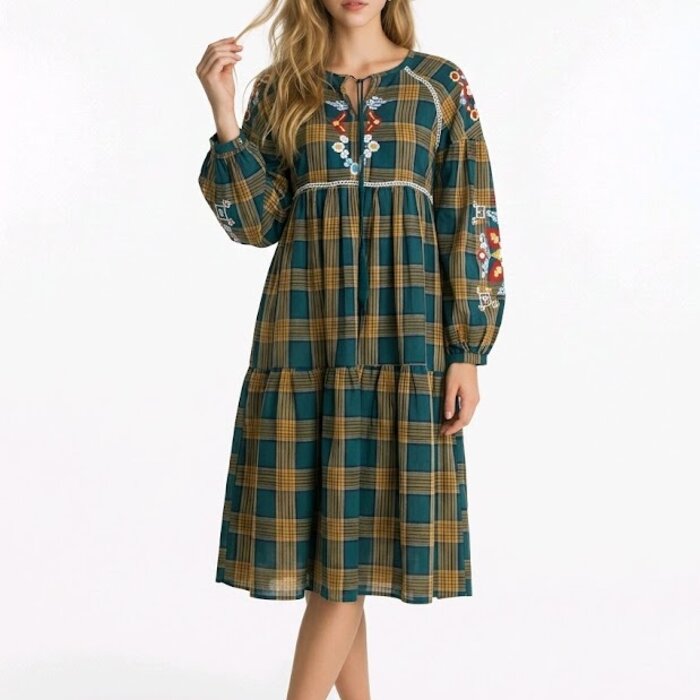 Lotta – Tartan Jurk - Bloemenborduursel