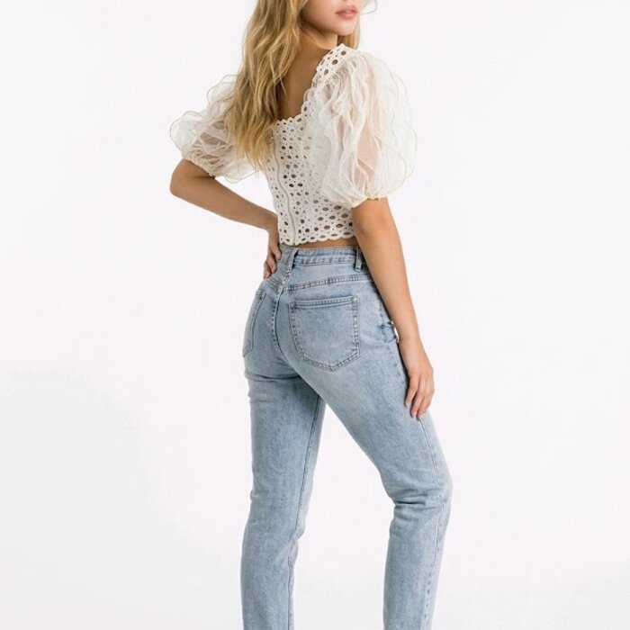 Vaelira – Crop Top met Mesh Pofmouwen