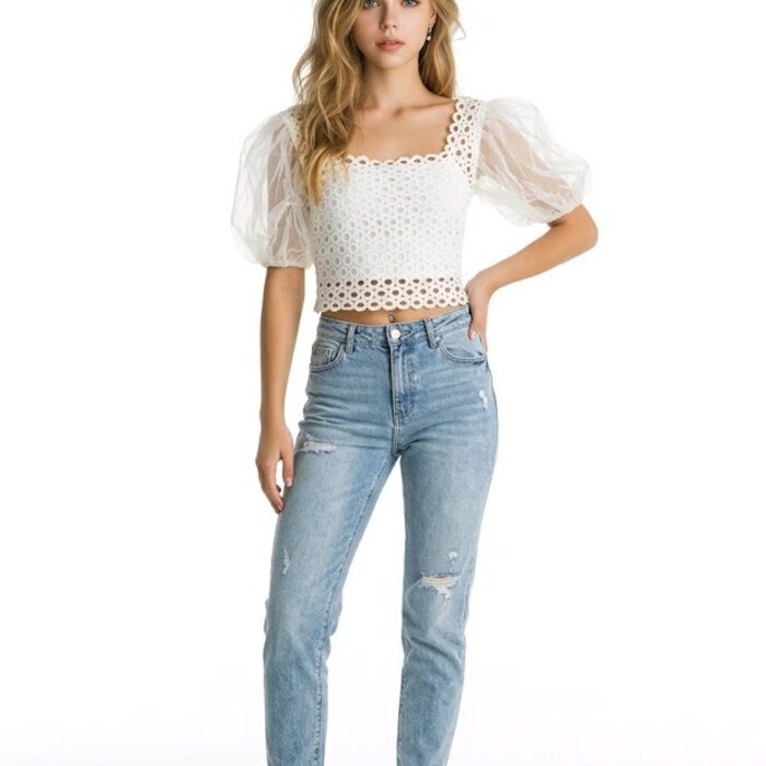 Vaelira – Crop Top met Mesh Pofmouwen