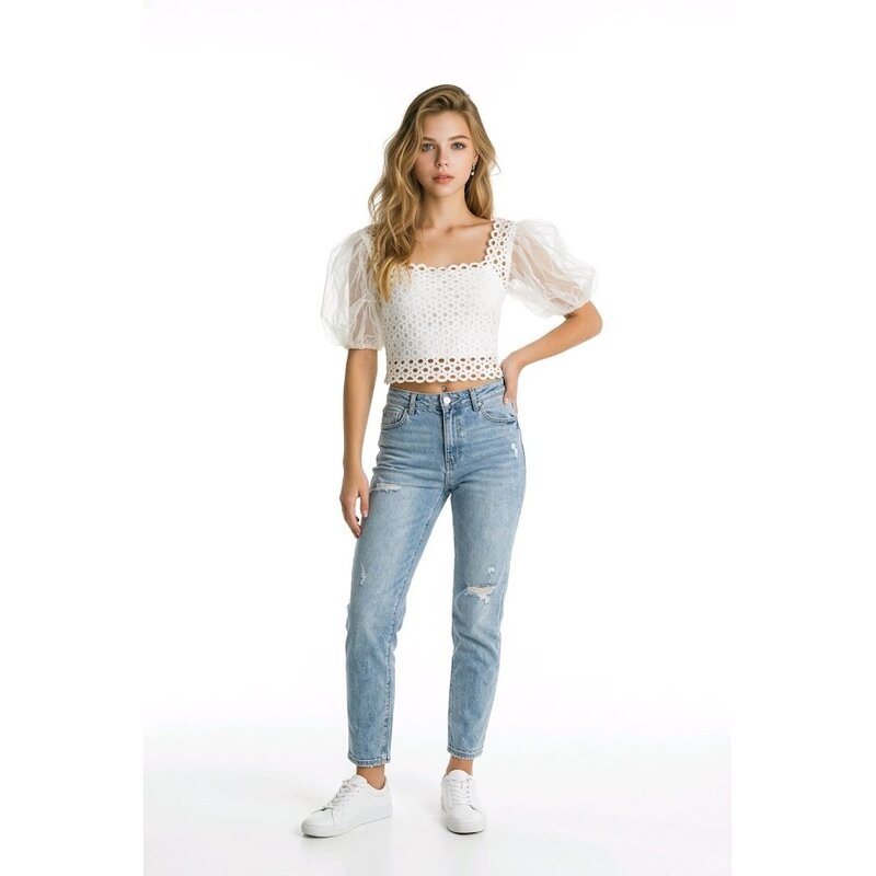 Vaelira – Crop Top met Mesh Pofmouwen